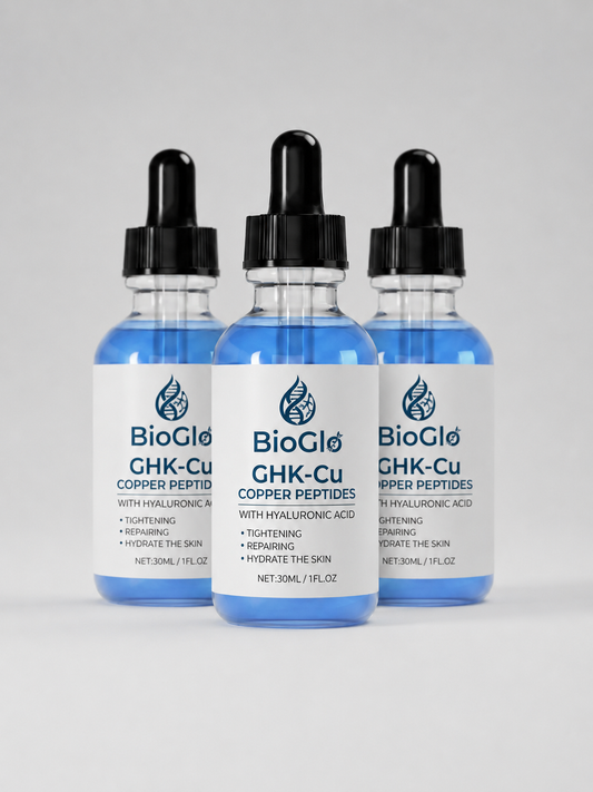 Three bottles of BioGlo GHK-Cu Copper Peptide Serum