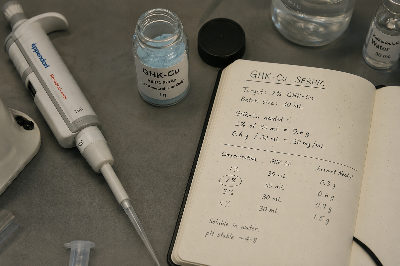 Lab bench with a pipette, a vial of GHK-Cu powder, and a notebook showing concentration calculations for a 2% GHK-Cu serum batch.